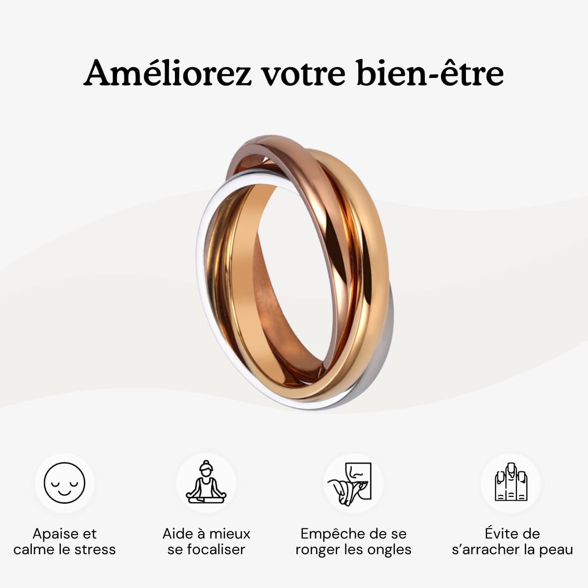 bague rotative anti stress d'anxiété et relaxante pour femme couleur or en acier inoxydable lullie, lullie.fr , maginosa aurora aide à ne plus se ronger les ongles onychophagie, aide à ne plus se triturer la peau dermatillomanie, aide à ne plus s'arracher les cheveux trichotillomanie, améliore la concentration, fidget ring, jouet fidget, fidget toys, positivjewelry, atelierdaphne, lullie.co, lullie, bague d'anxiété, bague anti stress