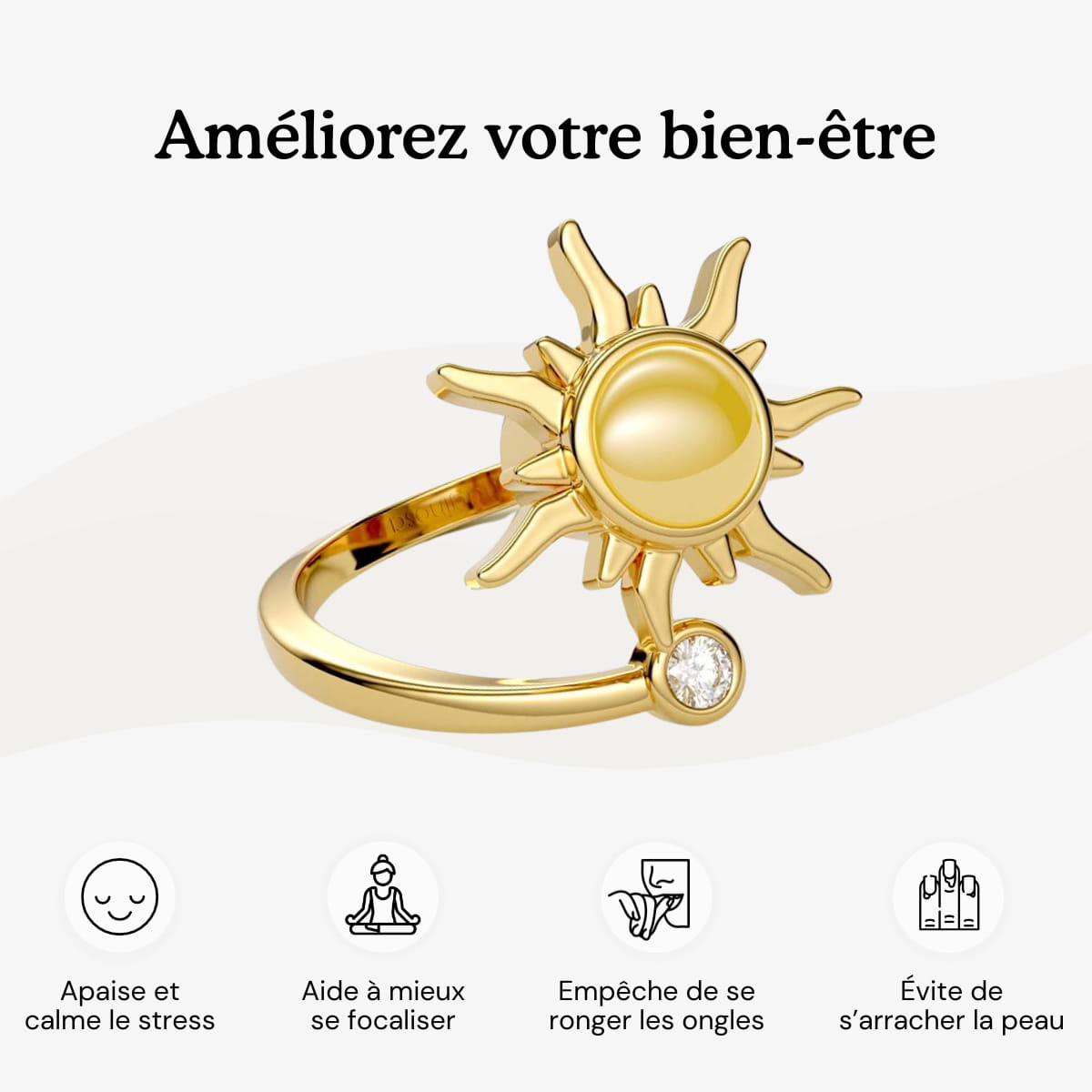 bague rotative anti stress d'anxiété et relaxante pour femme couleur or en acier inoxydable lullie, lullie.fr , maginosa aurora aide à ne plus se ronger les ongles onychophagie, aide à ne plus se triturer la peau dermatillomanie, aide à ne plus s'arracher les cheveux trichotillomanie, améliore la concentration, fidget ring, jouet fidget, fidget toys, positivjewelry, atelierdaphne, lullie.co, lullie, bague d'anxiété, bague anti stress