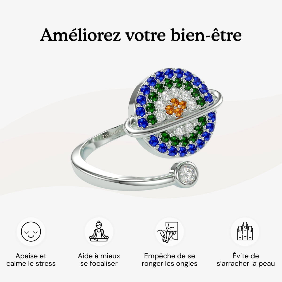 bague rotative anti stress d'anxiété et relaxante pour femme couleur or en acier inoxydable lullie, lullie.fr , maginosa aurora aide à ne plus se ronger les ongles onychophagie, aide à ne plus se triturer la peau dermatillomanie, aide à ne plus s'arracher les cheveux trichotillomanie, améliore la concentration, fidget ring, jouet fidget, fidget toys, positivjewelry, atelierdaphne, lullie.co, lullie, bague d'anxiété, bague anti stress