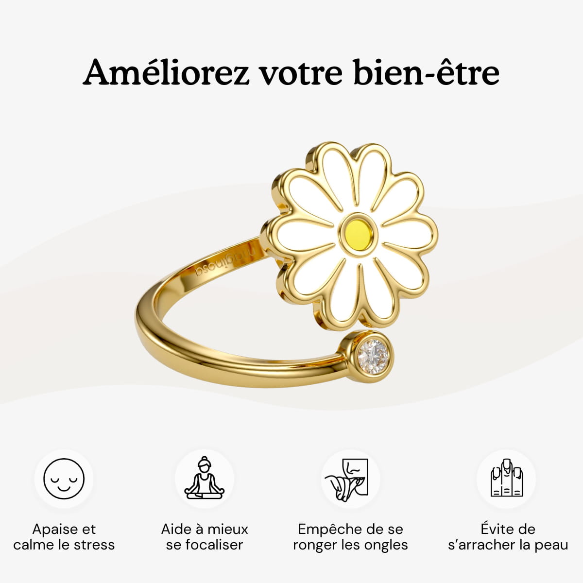 bague rotative anti stress d'anxiété et relaxante pour femme couleur or en acier inoxydable lullie, lullie.fr , maginosa aurora aide à ne plus se ronger les ongles onychophagie, aide à ne plus se triturer la peau dermatillomanie, aide à ne plus s'arracher les cheveux trichotillomanie, améliore la concentration, fidget ring, jouet fidget, fidget toys, positivjewelry, atelierdaphne, lullie.co, lullie, bague d'anxiété, bague anti stress