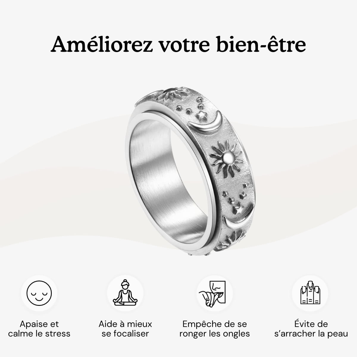 bague rotative anti stress d'anxiété et relaxante pour femme couleur or en acier inoxydable lullie, lullie.fr , maginosa aurora aide à ne plus se ronger les ongles onychophagie, aide à ne plus se triturer la peau dermatillomanie, aide à ne plus s'arracher les cheveux trichotillomanie, améliore la concentration, fidget ring, jouet fidget, fidget toys, positivjewelry, atelierdaphne, lullie.co, lullie, bague d'anxiété, bague anti stress